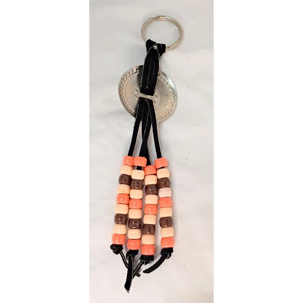 Vintage Brown, Orange and Peach Beaded Keychain with Large Round Conch